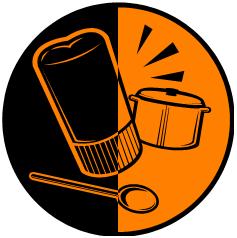 two-color clip art image of a chef's hat, a spoon and a pot